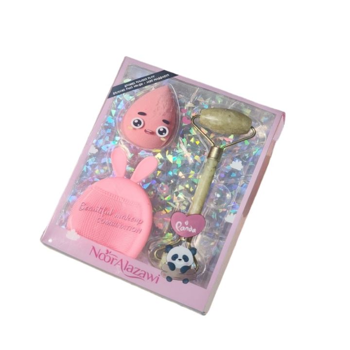 Noor Alazawi Pack Of 3 Set Sponge Powder Puff +Silicon Face Brush +Jade Roller Masager Pack Of 3 Set