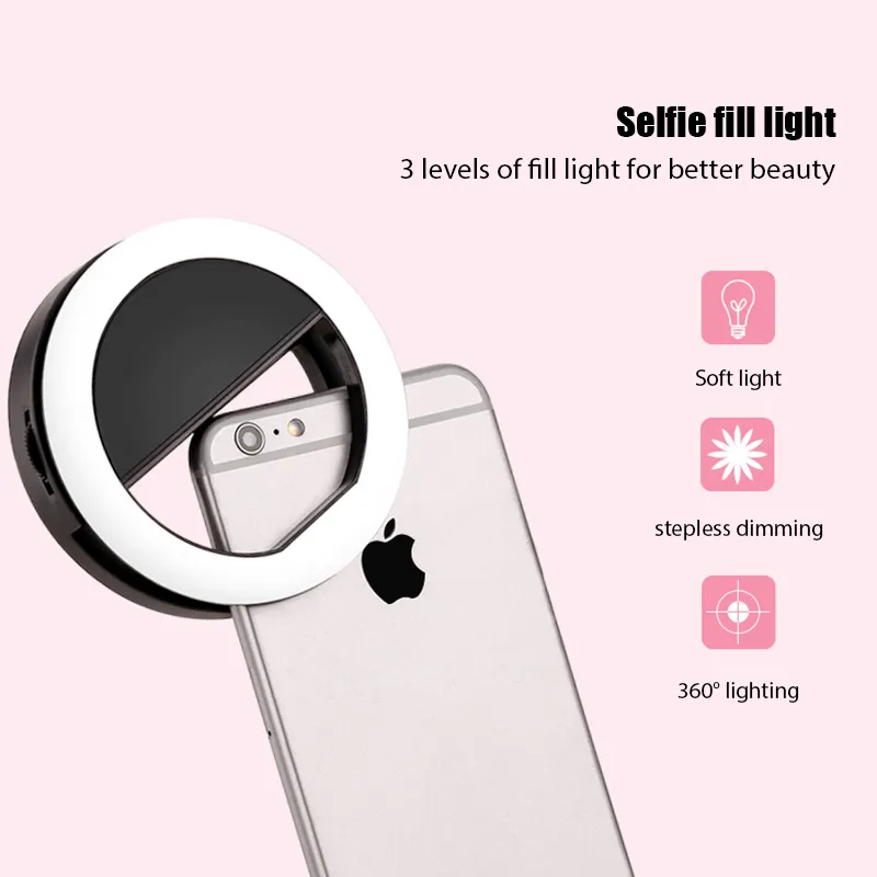 Mobile Selfie Ring Light – Portable Mini Selfie LED Lamp Ring Light for Mobile Phones – Rechargeable Ring Light with Charging Cable For Tik Tok and Photography - Brightness Adjustment Selfie Light With LED Camera Photography Flash Light for Smart phones