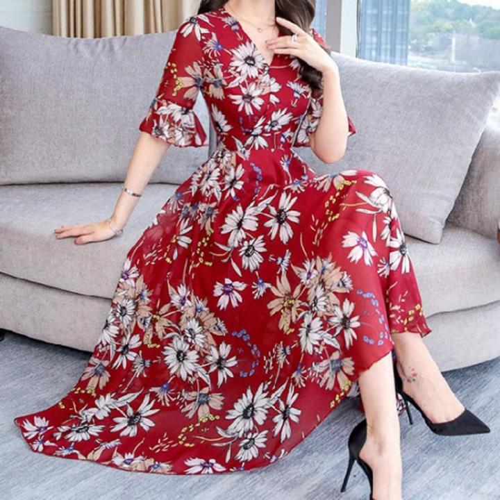 Yfashion Summer Floral Printing A-line Skirt For Women  V-neck Short Sleeves Dress Flared Sleeves Midi Skirt color