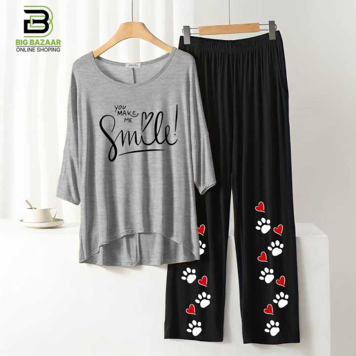 "Stay%20Chic%20and%20Comfortable:%20Summer%20Style%20Printed%20Lounge%20Wear%20with%20Stylish%20Back%20Long%20T-shirt%20and%20Black%20Flapper%20Trouser%20in%20Soft%20Jersey%20Fabric!"%20-%20Image%204