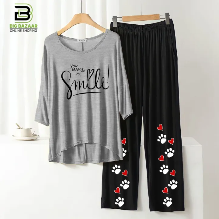 "Stay%20Chic%20and%20Comfortable:%20Summer%20Style%20Printed%20Lounge%20Wear%20with%20Stylish%20Back%20Long%20T-shirt%20and%20Black%20Flapper%20Trouser%20in%20Soft%20Jersey%20Fabric!"%20-%20Image%204