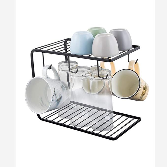 Coffee Cup Plates Iron Rack Creative Plate Drain Shelf Cup Holder Household Mug Storage Kitchen Rack with 6 Hooks Display