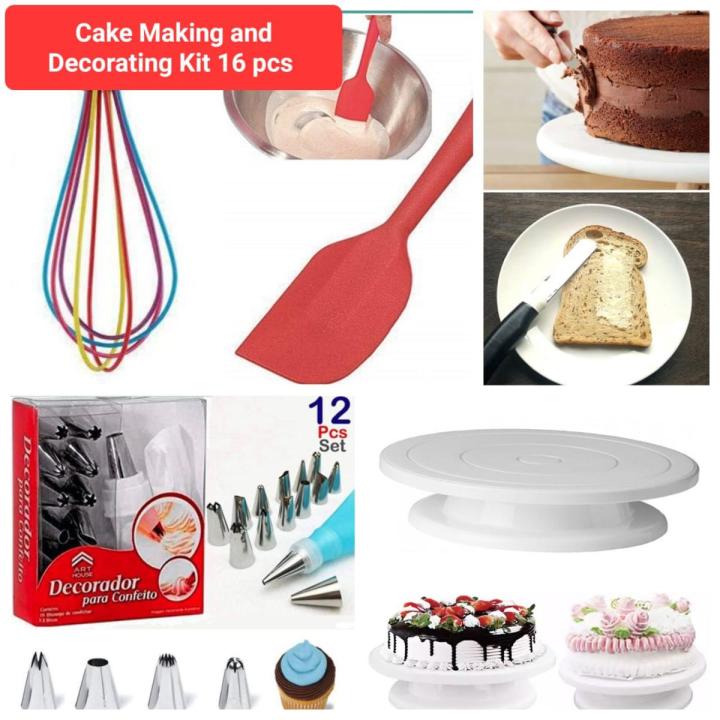 Cake macking and decorting kit 16 Pcs With 1 Rotating Cake Table ,12 Pc Cake Decorating Nozzle With Piping Set, 1 ICING SPATULA ,1 SPATULA 11 inches and egg whisk
