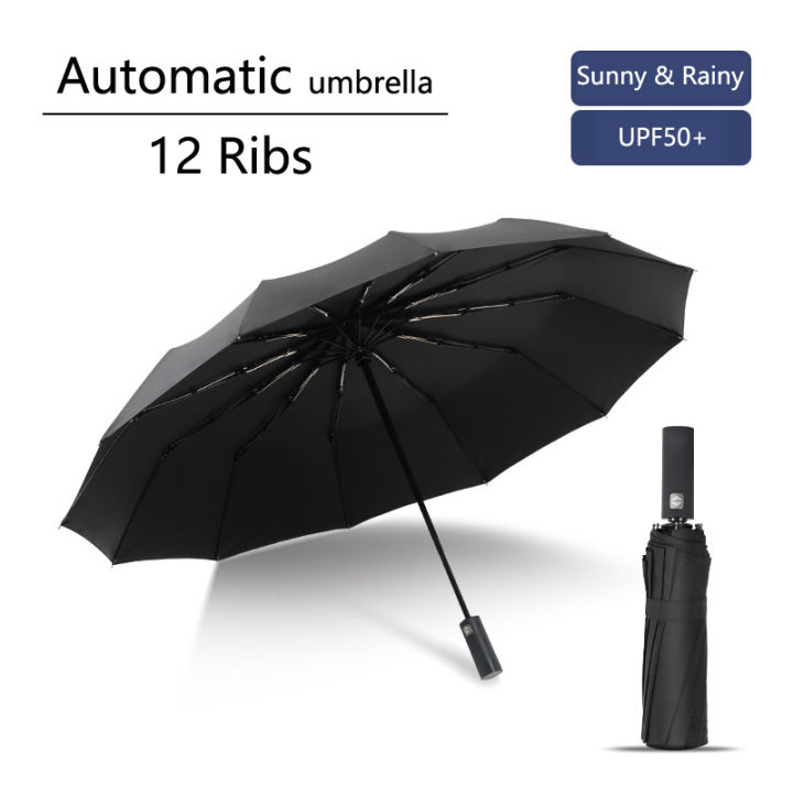 Fully Automatic 12 Ribs Umbrella Auto Open & Close High Quality  Fold Umbrella For Office,Outdoor & Traveling - Black