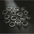 15Pcs/Set Alloy Silver Black Stone Party Anillo/Crown Elephant Wedding Anniversary Rings For Girls / Variety Ladies. 