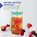 Random Color 400ml Square Glass Mug With Handle, Milk Cup Bubble Tea Cup Sippy coffee cup Straw & Lid, Drinking Glass, Adorable Glass Cups with Lids and Straw, Glass Tumbler Coffee Cup Coffee Mug. 
