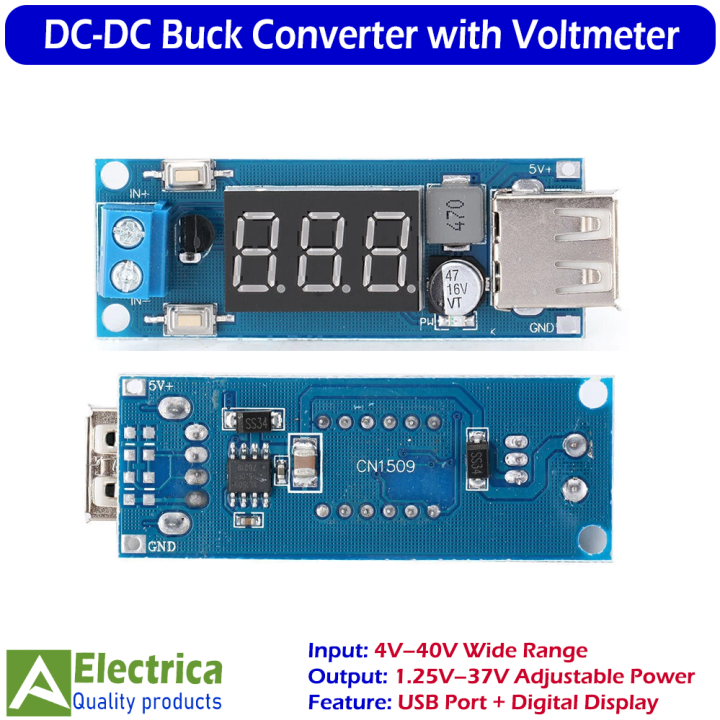 DC-DC Step Down Buck Converter Module with Adjustable Voltage, LED Voltmeter Display, USB Charger Port for Arduino, Robotics, DIY Electronics & Power Supply Projects by Electrica