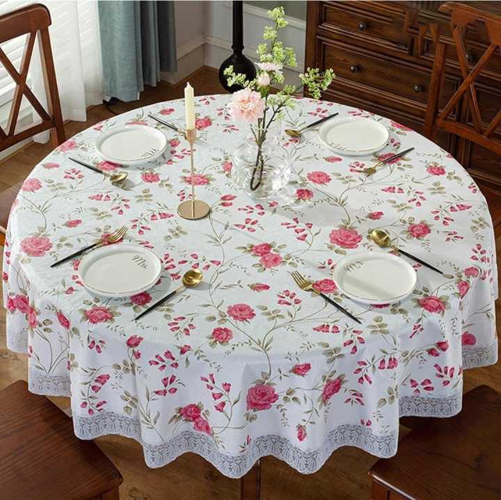 6 seater Table Cover PVC 64 inch Round Pastoral Style Dining Table Plastic Waterproof Oilproof Table Cover Floral Printed Lace Edge Anti Hot Coffee Tea Tablecloth