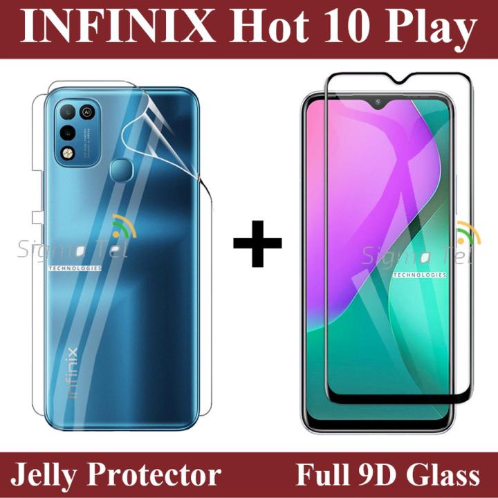 Infinix Hot 10 Play 9D Glass Protector Tempered Glass Edge To Edge + Back Jelly Protector Poly Transparent Edge To Edge Sides Coverage For Infinix Hot 10 Play