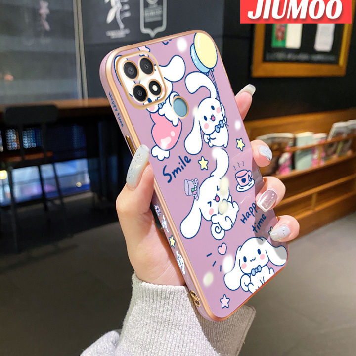 JIUMOO Case For OPPO A15 A15s A35 4G Case Cartoon Cinnamoroll Pattern Luxury Plating Phone Case Side Edge Pattern Shockproof Soft Shell Full Cover Camera Lens Protection Casing