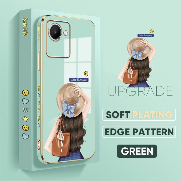 TA for Realme C30 Back Cover + Free Lanyard Back Girl Luxury 6D Plating Case Side Pattern Soft Silicone Square Phone Cases