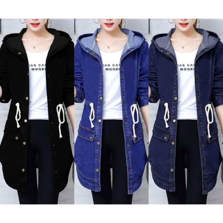 Long denim hooded jacket best sale