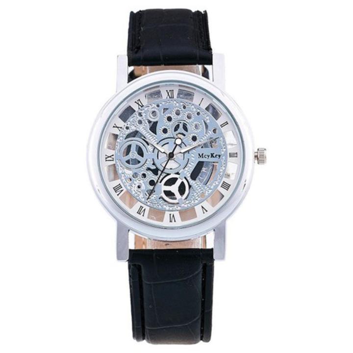 Men's Mechanical Skeleton Transparent Vintage Style Leather Wrist Watch for Man