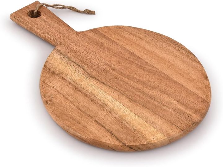 Wood Cutting Board Round with Handle for Chopping and Serving Charcuterie, Cheese, Pizza, Bread - Wall Décor