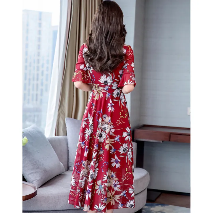 Yfashion%20Summer%20Floral%20Printing%20A-line%20Skirt%20For%20Women%20%20V-neck%20Short%20Sleeves%20Dress%20Flared%20Sleeves%20Midi%20Skirt%20color%20-%20Image%205
