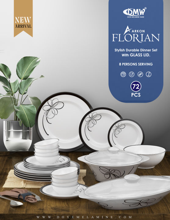Melamine Dinner set with glass lids 72pieces ARKON- Florian