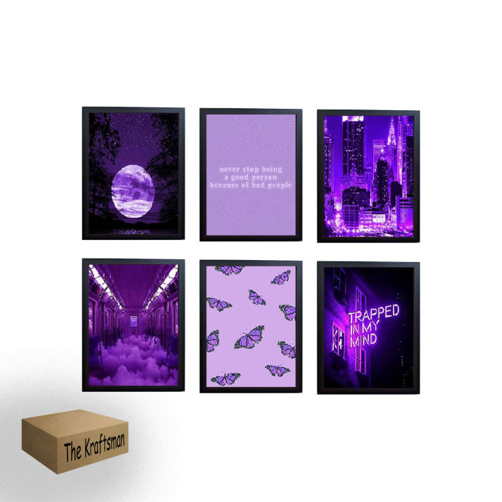Purple Aesthetics Frame set 6 Pcs Motivational Quotes Set Collage 5x7" size Photo Wall Decoration Photo Frame Wall Hanging Home Decoration Picture Gallery for Living Room Bedroom Study Room