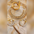 Amazing Crystal White Necklace With Golden Stones With Hoop Earrings Set. 