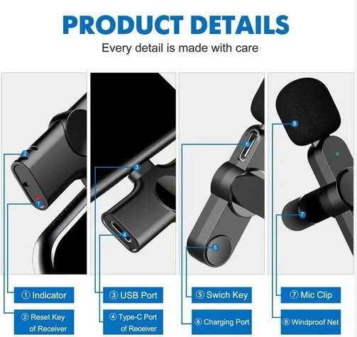"Wireless K8 Microphone – Vlogging Mic with Accessories for Type-C Android, iOS Lightning & 3.5mm Devices"