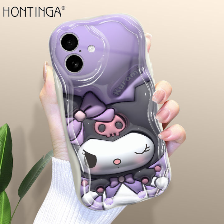 Hontinga for iPhone 16 Pro Max 16 Plus Back Cover 3D Kuromi Melody Print Phone Case Wavy Curved Edge Soft Silicone Cover