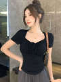 XXX Tsar Bu Crop Korea Square Neck Drawstring Short Sleeve For Women Summer New Slim Hot Girl Navel Exposed Shoulder Clothing Women's T shirt Tight Top. 