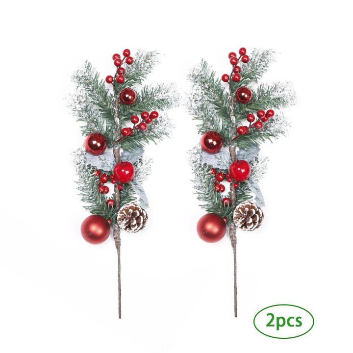 Red Berry Stems Artificial Pine Picks for Wedding Garden Christmas Tree Filler Decorations 2 Pack