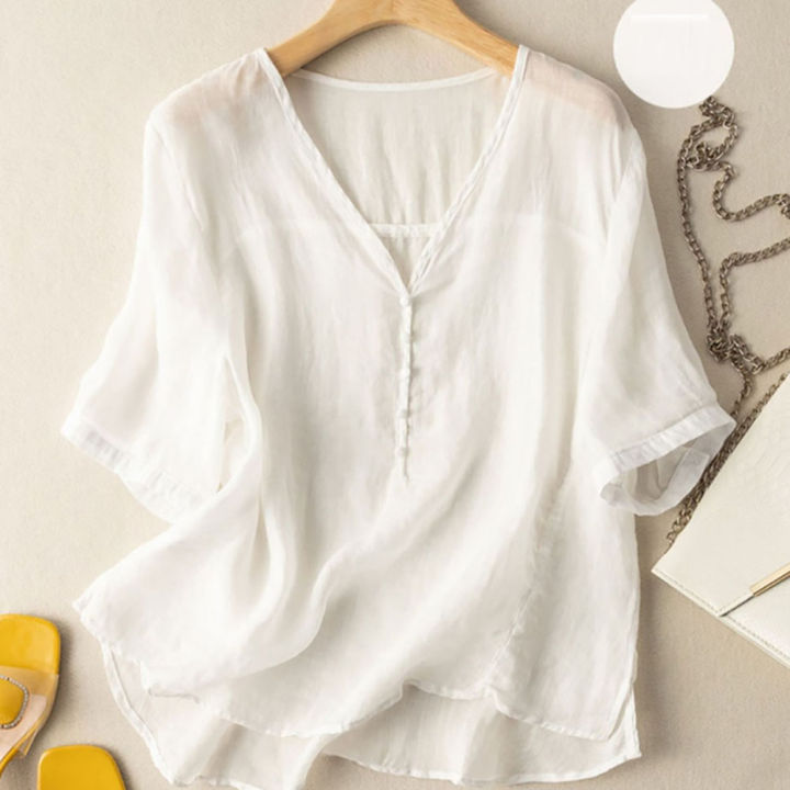 Women%20Cotton%20Linen%20Tops%20Retro%20Loose%20Solid%20Color%20Blouse%20Elegant%20V%20Neck%20Pullover%20Short%20Sleeves%20Shirt%20-%20Image%209