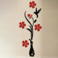 Vase in Red and Black Color - Wooden Wall Decoration, 12x32 Inches, Acrylic Wall Art with Plum Flower Design. 