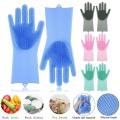 Magic Dish Washing Gloves With Scrubber, Silicone Cleaning Reusable Scrub Gloves For Wash Dish,Kitchen, Bathroom(Blue,1 Pair: Right + Left Hand). 