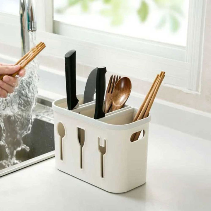 3 Grids Chopsticks Fork Spoon Storage Box Knife Holder Kitchen Drain ...