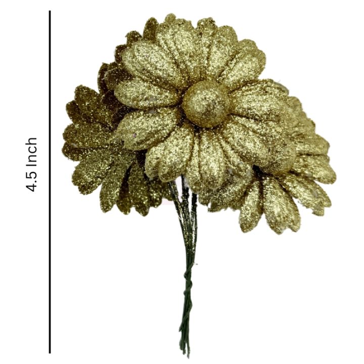 Radiant Golden Glitter Artificial Daisy Bunch - 6 Flowers (Approx. 4.5 Inches Tall)