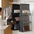 Dust-proof, smaller in size bag organizer with 6 pockets for handbags and an attached hook. 