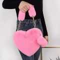 Lovely Furr Heart Fluffy Crossbody Plush Bags For Girls Fur Handle Shoulder Hand Bags For Womens. 