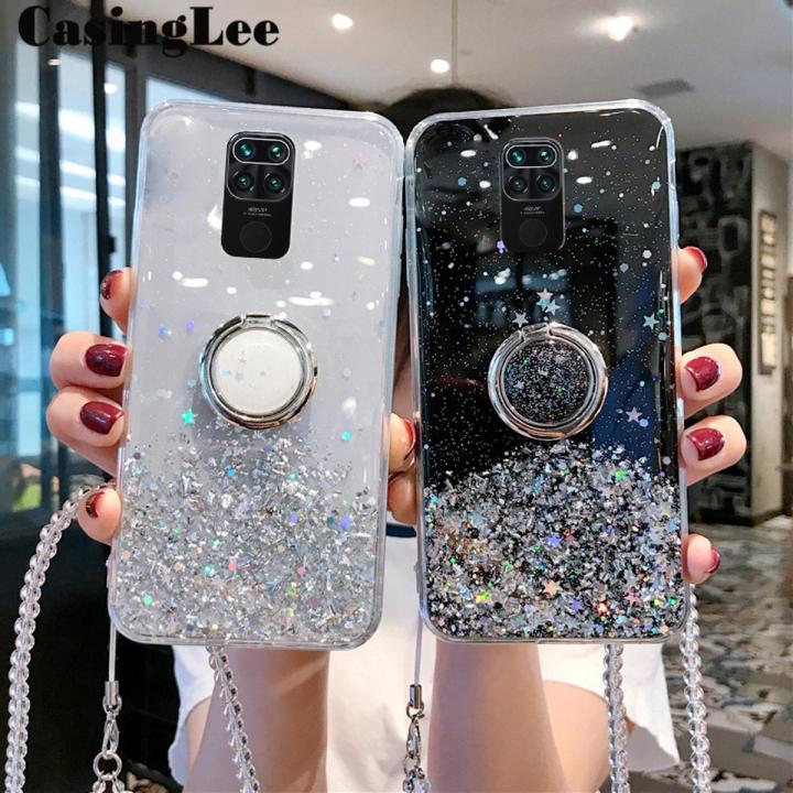 Casinglee for Redmi Note 9 case Shiny Ring Glitter Soft Transparent Holder Stand Back cover with String for Redmi Note9 Phone cases cover Stars Moon Girls