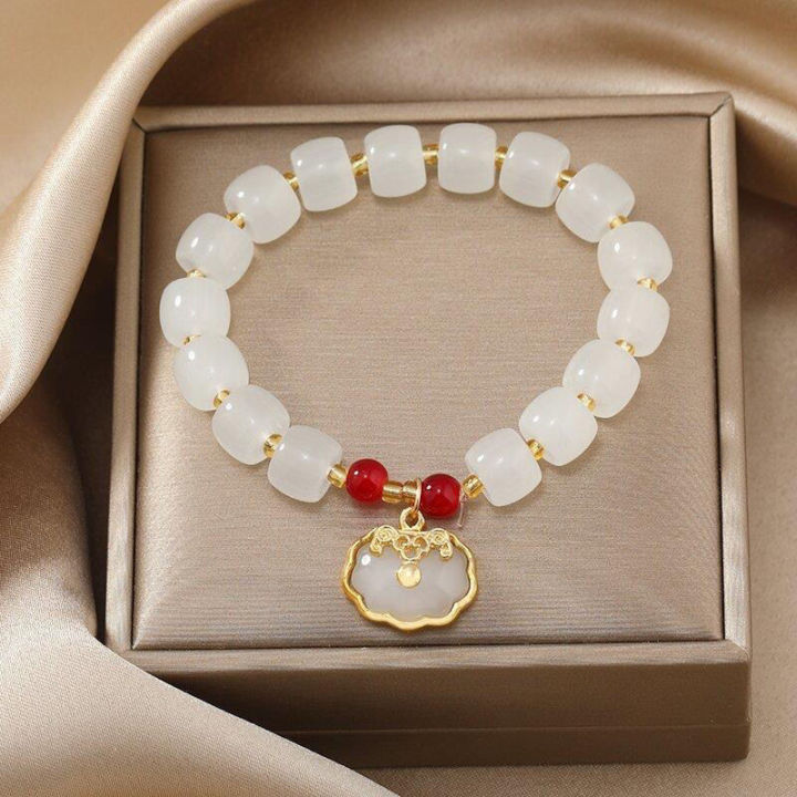 Douyin longevity lock safe lock bracelet white jade beaded female niche design Chinese style literature retro bracelet