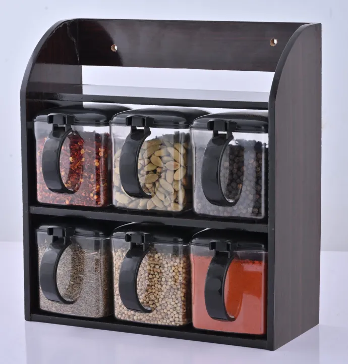 Decent Kitchen Wooden Rack 6pcs Spice Jars, Stylish & High-Quality