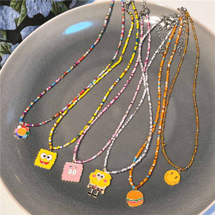 [ New ] Yellow Series Series Beaded Bead Necklace Cute Girly Style SpongeBob Smiley Face Clavicle Chain Necklace