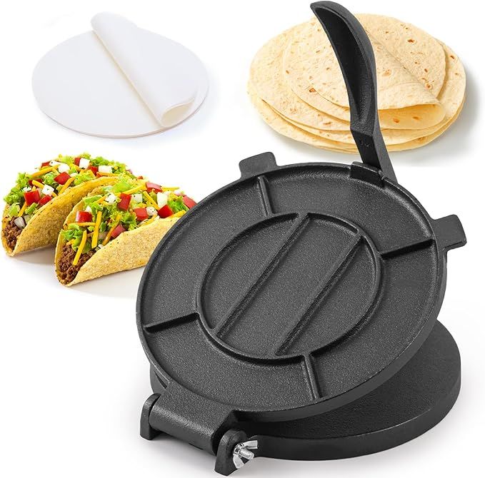 Tortilla Press Cast Iron Flour Tortillas Maker 10inch Heavy Duty Roti Press, Puri Press, Chapati Maker, Kitchen Dough Pressing Tool re-Seasoned, Flour Tortilla Press with Foldable Handle