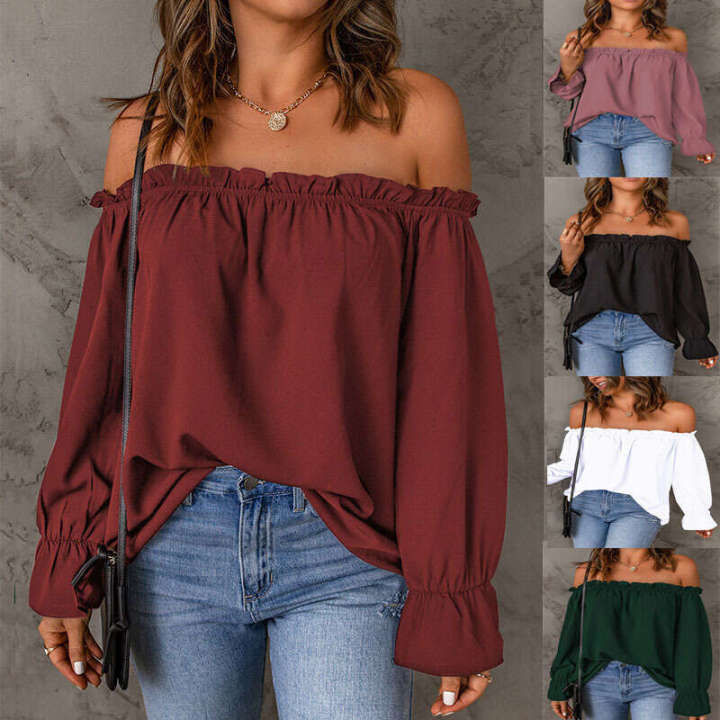 New solid color sexy one neck off shoulder shirt loose long sleeved pullover