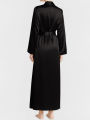 Pure Korean Satin Silk Night Robe - Elegant, Breathable, Black, Matching Belt. 