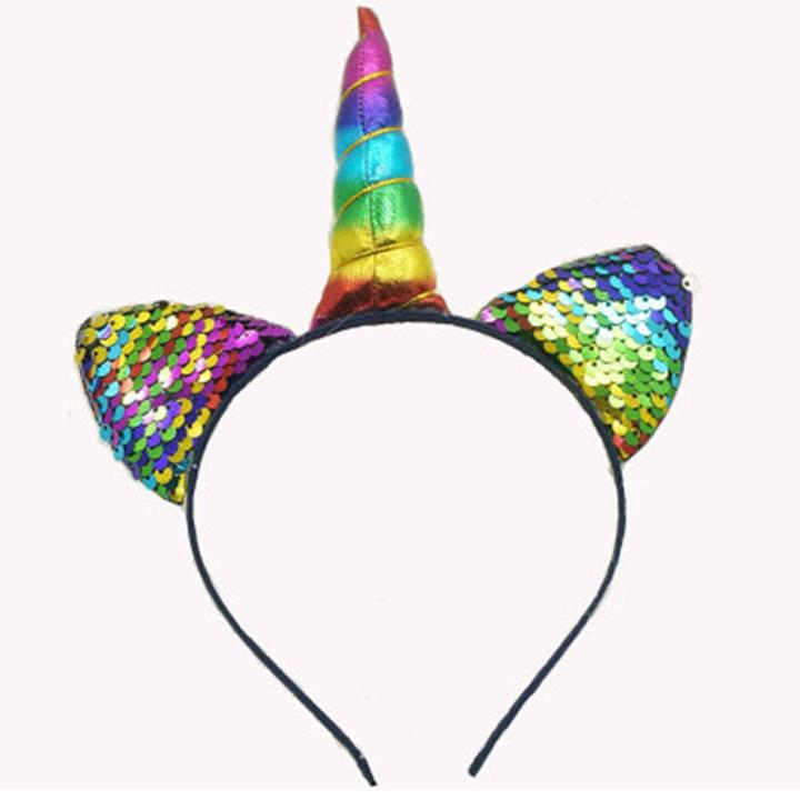 Women Hairband Ears Flip Kid Glitter Hair Accessories Rainbow Can Unicorn