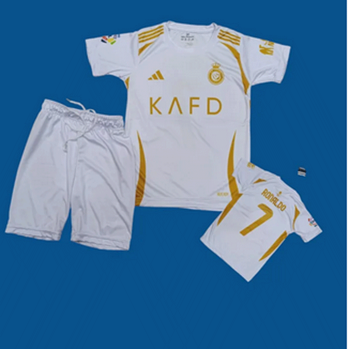Al Nasr 2024 Kids Kit Shirt and Short White Gold Cristiano Ronaldo