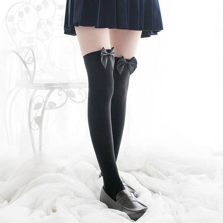 Velvet Lady Spring And Autumn White Stockings Bow Knee Socks Stocking
