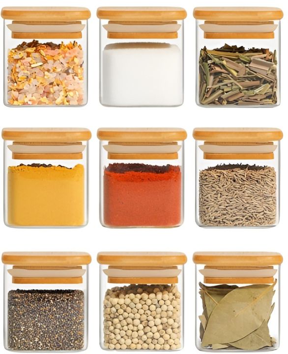 12 Pieces Mini Square Glass Spice Jars with Bamboo Lids, 150ml Square Glass Storage Jars with bamboo lid , Glass Container for Spice, Salt, Sugar, Seeds, Nuts Etc