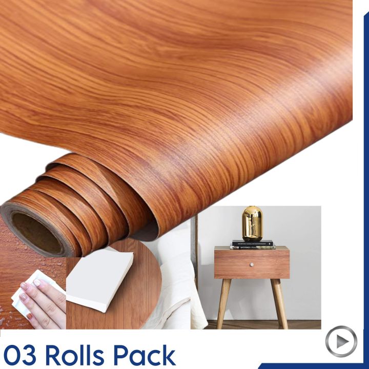 [Pack Of 3 Rolls] Self Adhesive Wooden Texture Sheet for Wall Decor Kitchen Wardrobe Cabinet Door - PVC Vinyl Wallpaper