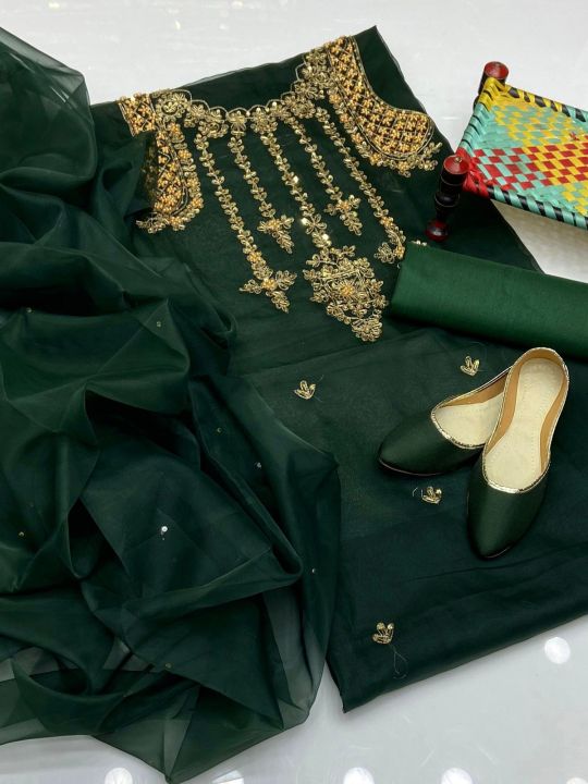 Girl's Dream Fashion Party Collection 2024 3pcs Handmade Dress For Women Organza tilla Aari Beets Embroidry Handmade Shirt Organza Kundan Dupatta Khatan Trouser