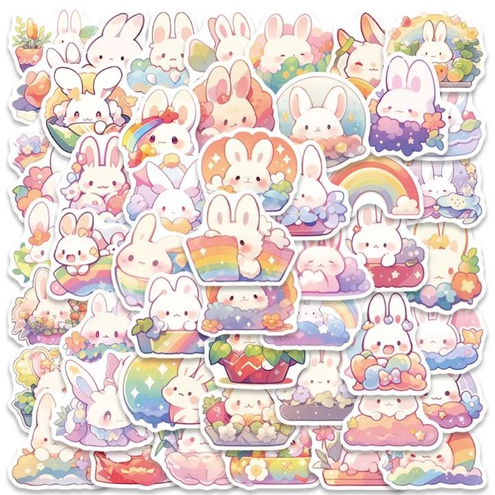 10/50PCS Rainbow Bunny Rabbit Cartoon Cute Stickers Aesthetic Decals for Bike Bottle Suitcase Scrapbooking Children Gift Sticker