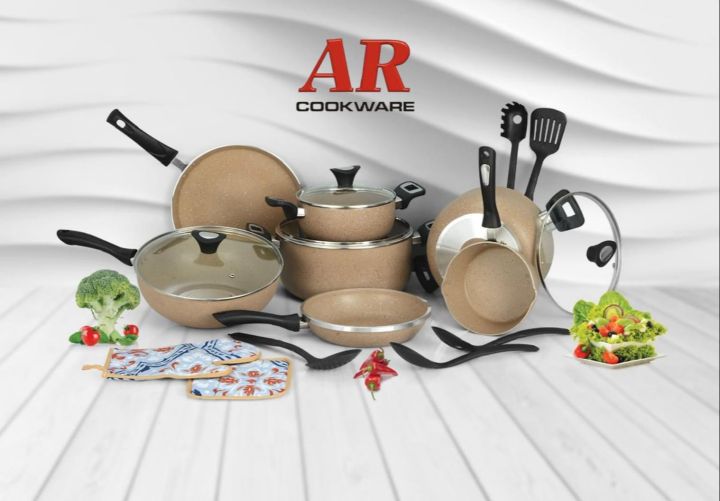 AR 19-Piece Premium Non-Stick Cookware Set with Heat-Resistant Handles, Stylish Different Color – Complete Cooking Essentials for Modern Kitchens