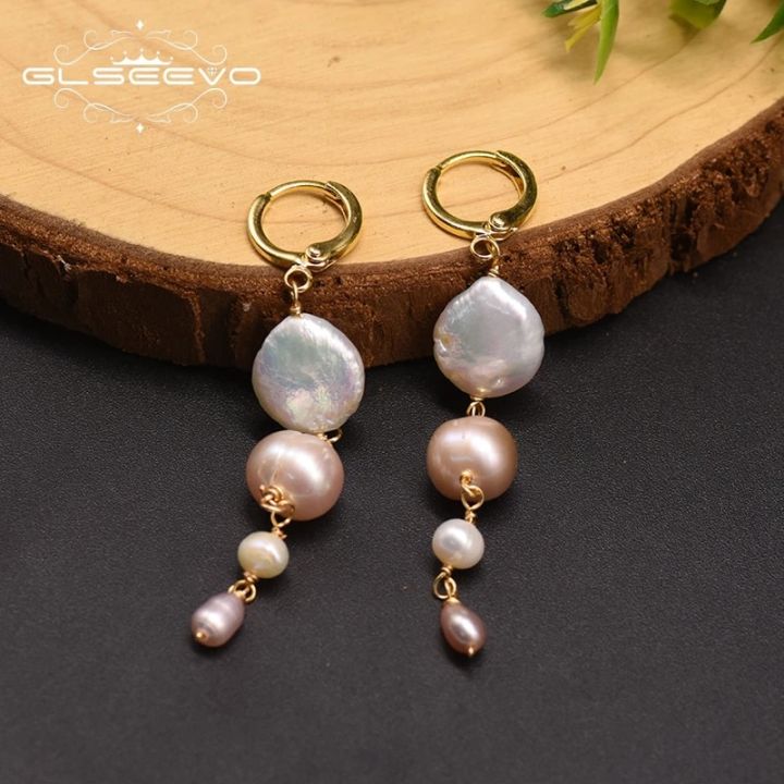 【Happy childhood memories】GLSEEVO Natural Fresh Water Baroque Pearl Long Drop Earrings For Women Party Engagement Fine Jewelry Kolczyki GE0899