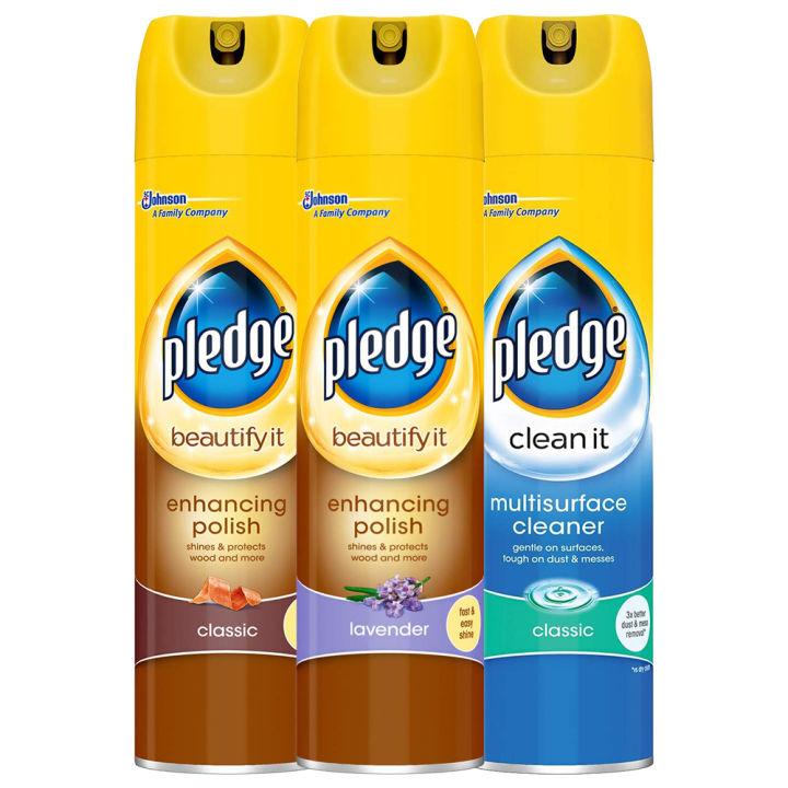 Pledgee Classic Enhancing Wood Polish 300 ml + Pledge Multi-Surface Cleaner Enhancing Wood Polish 300 ml + Pledge Lavender Enhancing Wood Polish 300 ml